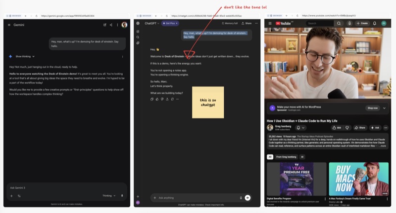 Gemini, ChatGPT, and YouTube browser tabs on the canvas
